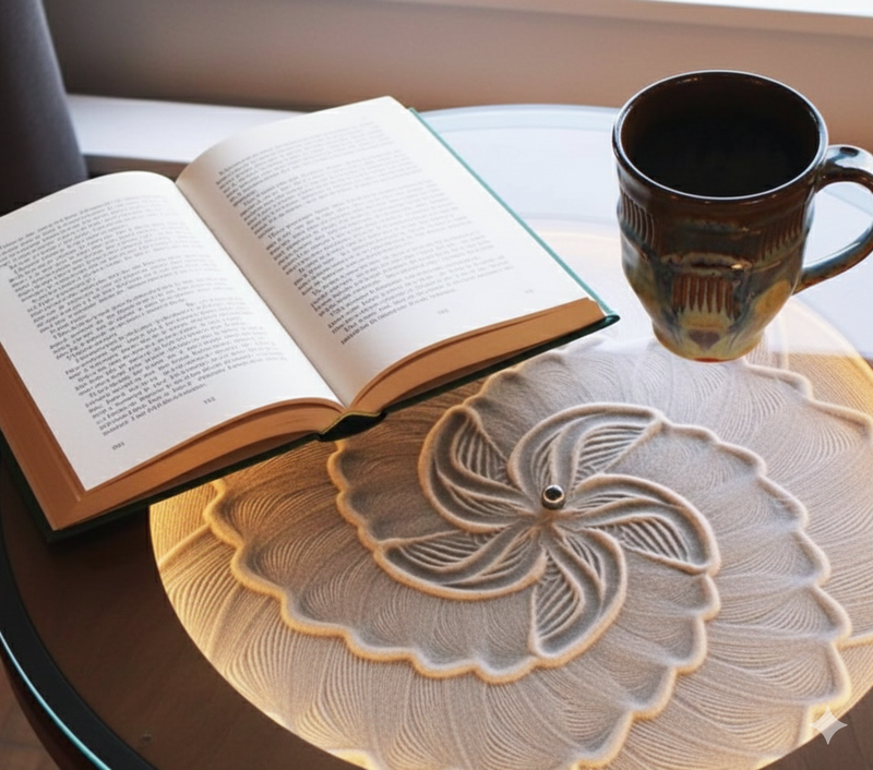 Handcrafted sand table coffee table with timber frame, top view